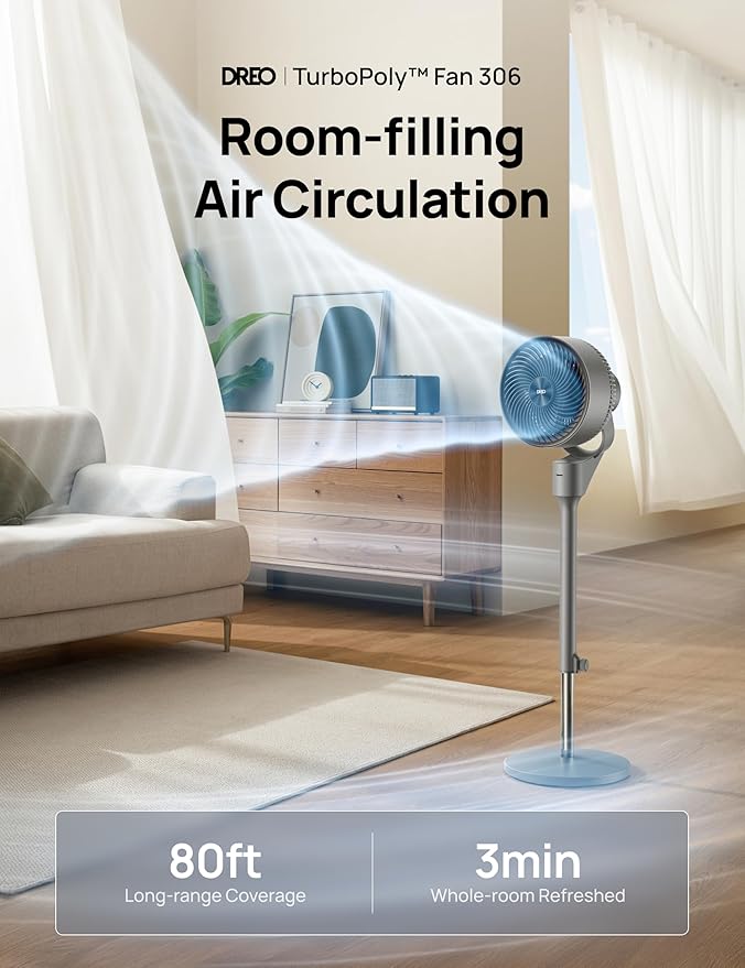 Dreo Fan for Bedroom, 80° Oscillating Standing Fan, 25dB Quiet, 80ft Pedestal Fans for Home Office, 90° Manual Vertical, 3 Speeds, Remote, 34-41