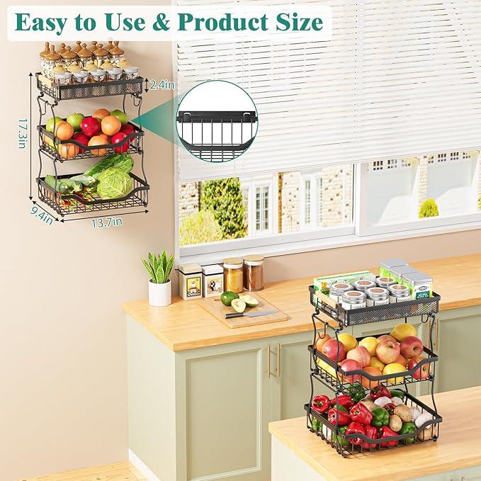 Giwil 3 Tier Countertop Fruit Mesh Basket for Kitchen, Vegetable Storage Bread Fruit Bowl Stand with 2 Banana Hooks, Wall Mounted Metal Wire Basket Organizer for Potato Onion, Black