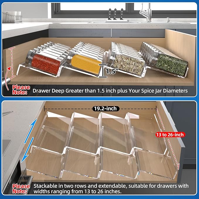 MIUKAA Clear Acrylic Spice Drawer Organizer, 4 Tier- 2 Set Expandable From 13