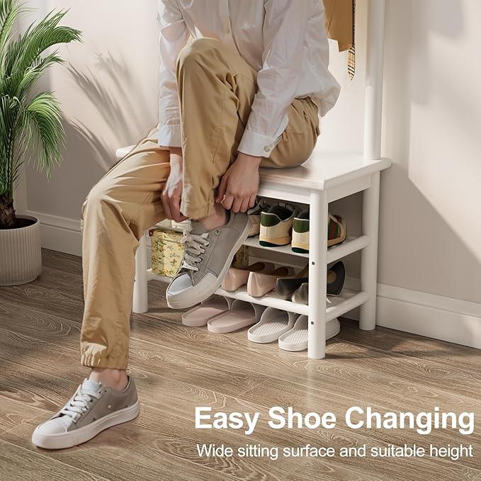 Coat Rack with Shoe Storage, Narrow Wooden Hall Tree with Bench, 11 Hooks and 2-Tier Storage Shelves, 3-in-1, Entryway Bench with Coat Rack (23.6