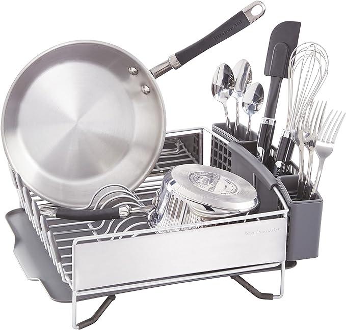 KitchenAid Compact Space Saving, Dish Rack with Removable Flatware Caddy and Angled Self Draining Drainboard, Satin Gray, 15-Inch-by-13.25-Inch