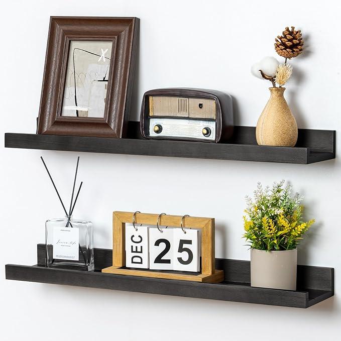 Picture Ledge Shelf for Wall, 24 inch Solid Pine Wood Nursery Book Shelves 2 Packs, Floating Ledge Shelves for Kids' Room Bedroom Bathroom Living Room Photo Frames Office Nursey Wall Decor, Black