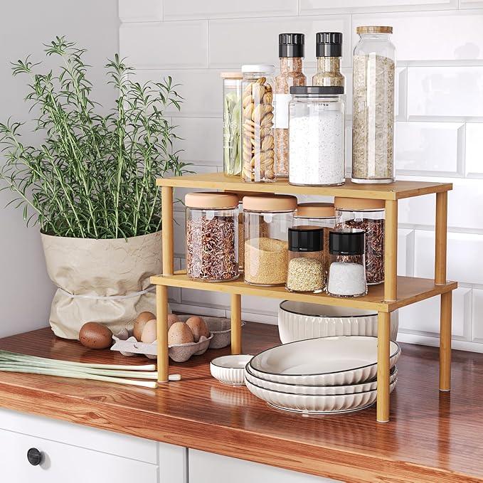 Cabinet Organizer Shelf(Set of 2),Kitchen Counter Shelves,Bamboo Stackable Expandable Spice Rack Countertop(Large)