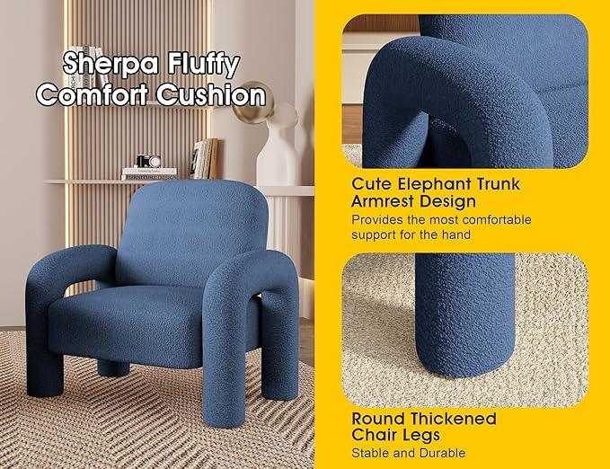 Modern Sherpa Accent Chair, Teddy Upholstered Arm Single Sofa, Cozy Fluffy Reading Chair for Living Room, Bedrooms, Corner (Navy Blue)