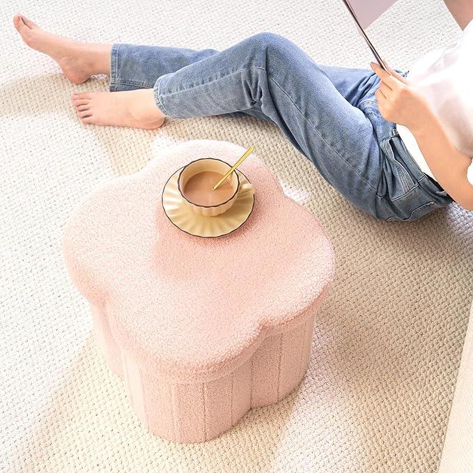 B FSOBEIIALEO Storage Ottoman Cube, Flowers Shaped Ottomans with Storage Foot Stool Footrest, Boucle Ottoman Seat for Dorm Room, Faux Teddy Fur, Pink 15