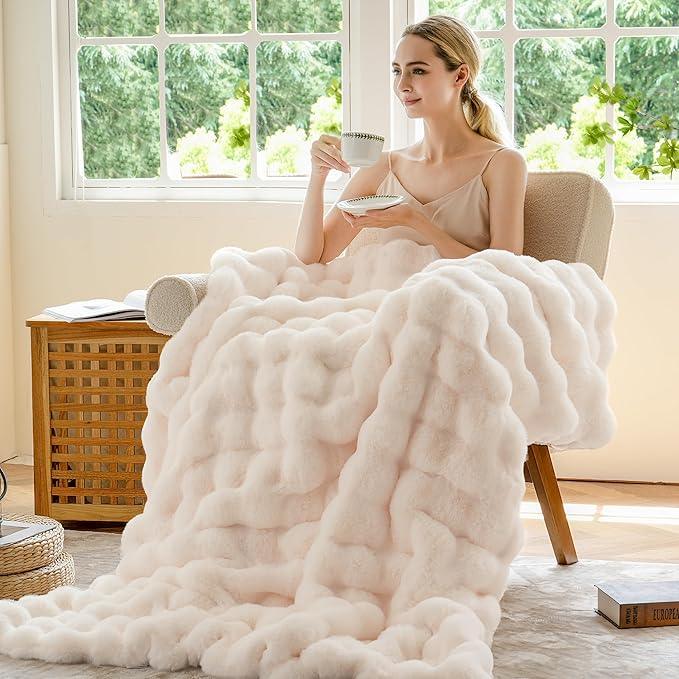BENVWE Faux Fur Throw Blanket for Couch Bed - Fluffy Soft Thick Bubble Blanket for Living Room Home Decor - Mothers Day Birthday Gifts for Women, Cream White, 63