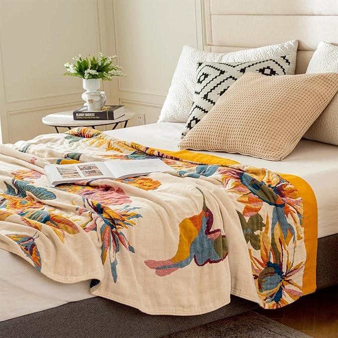 Boho Throw Blanket for Couch 100% Cotton Throw Floral Bed Blanket 80''x90'',Cotton Quilts Travel Knitted Muslin Blanket Home Decor Cozy Blankets for Women