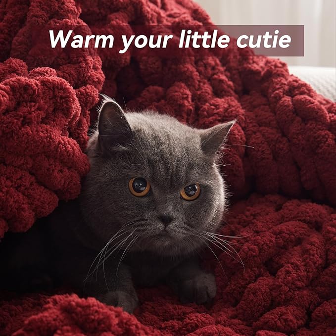 Chunky Knit Throw Blanket, 30''*40'' Knitted Throw Chenille Yarn for Bed Couch, Handmade Red Crochet Big Thick Blanket, Machine Washable Cute Comfy Blanket for Home Decor