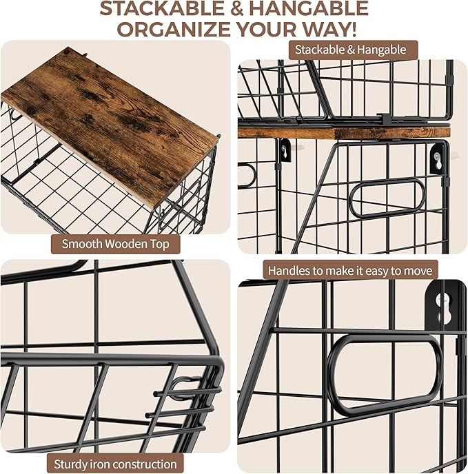 Delamu 2-Pack Stackable Metal Fruit Basket with Wood Lid-Wall Mounted & Countertop Organizer for Kitchen,Pantry- Ventilated Storage for Onions,Potatoes,Fruits,Spices (12