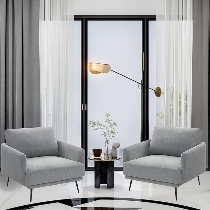 Oversized Accent Chair Set of 2 for Living Room Chairs Reading Arm Chair Comfy Modern Single Sofa Side Chairs with Metal Legs & Soft Cushion for Bedroom, Balcony,Waiting Room (Polyester, Grey)