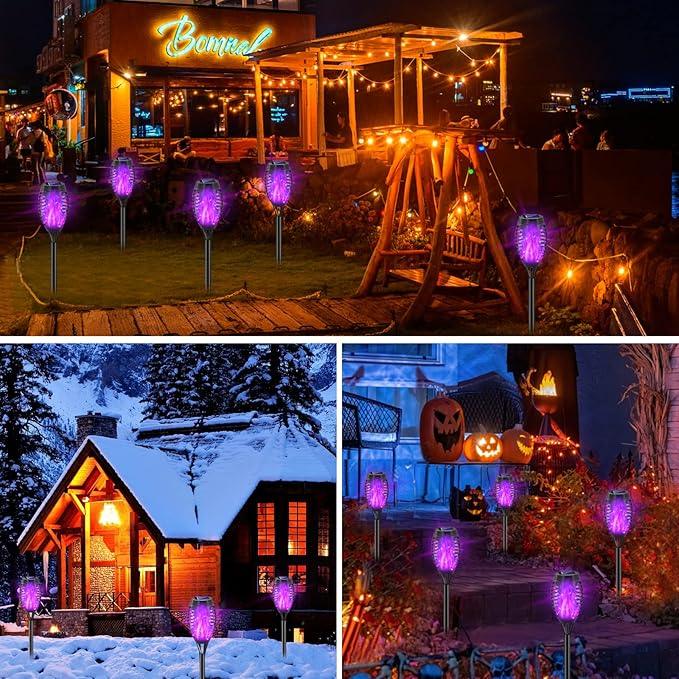 Halloween Decorations Outdoor, 12 Pack Purple Solar Lights Outdoor Waterproof 12 LED Mini Tiki Torch Lights with Flickering Flame for Outside Landscape Garden Pathway Dusk to Dawn Auto On/Off