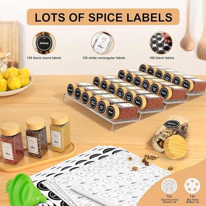 24 Spice Jars with Spice Drawer Organizer, 355 Spice Labels, 4 Pack Expandable From 11'' to 21'' Acrylic Spice Rack for Drawer, Seasoning Containers Storage Organization for Kitchen Cabinet Countertop