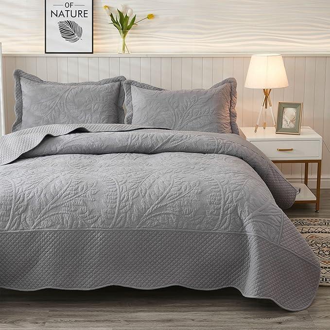 MarCielo 3-Piece 100% Cotton Oversized Bedspread Lightweight Quilt Coverlet Embroidery Farmhouse Bedding Set T0 (Light Grey, Oversized Queen (100