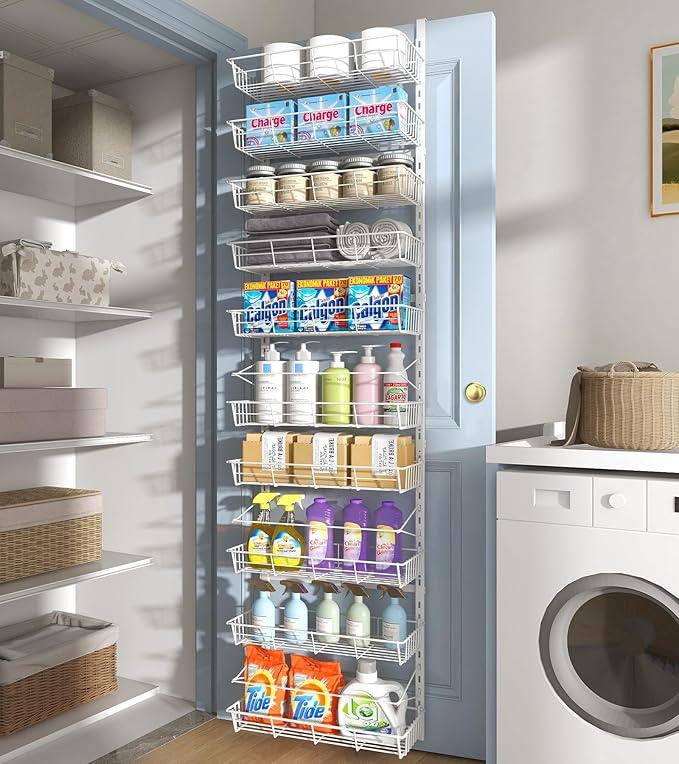 White 10-Tier Over The Door Pantry Organizer, Pantry Organization and Storage, Metal Hanging Adjustable Basket, Wall Spice Rack Seasoning Shelves, Home & Kitchen Essentials