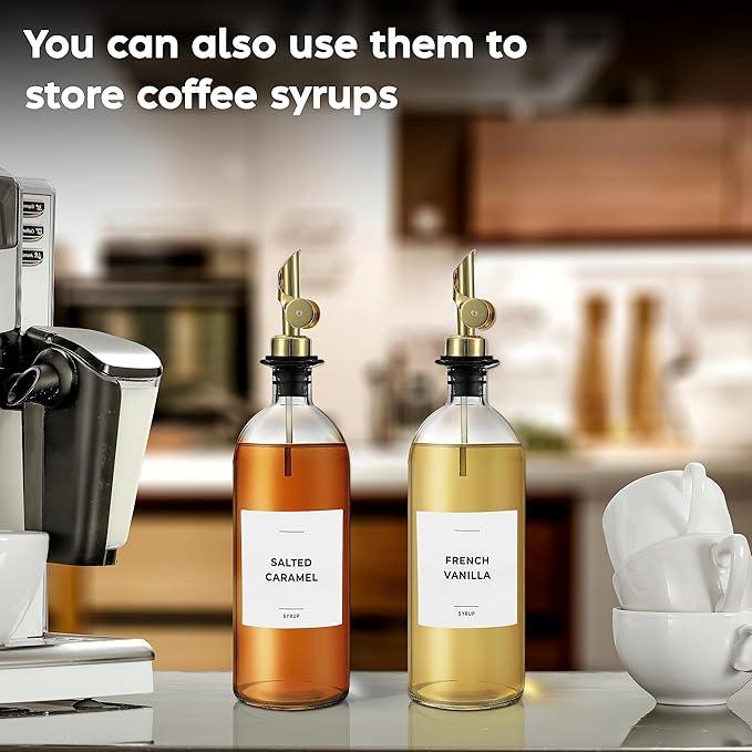 Olive Oil Dispenser Bottle - Includes 55 Kitchen Essential Labels - Cooking Oil Bottles for Kitchen, Coffee Syrup Dispenser - Pourer Spout with 16.9 fl oz Glass Container Cruet - 2pcs, Gold