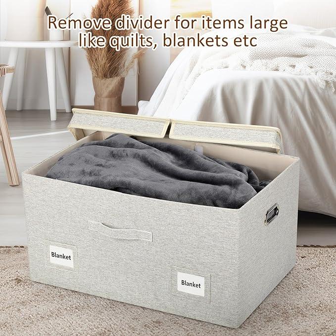 75 Quart Extra Large Decorative Collapsible Storage Bins with Lids, 1 Pack Beige Stackable Boxes