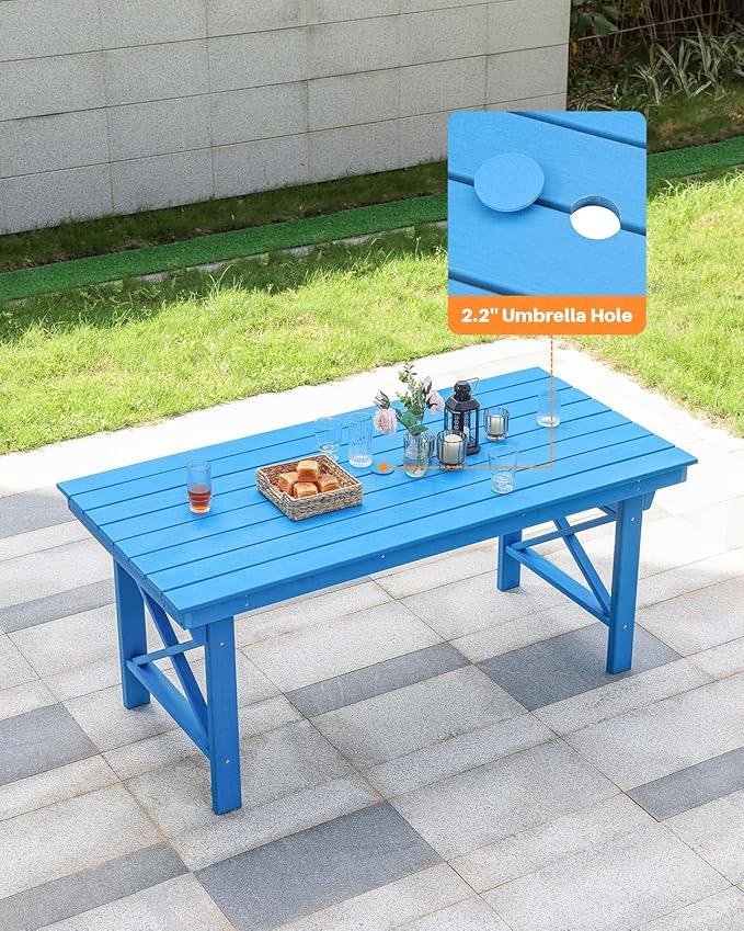 HDPE Outdoor Dining Table, 66.9” Rectangle Patio Dining Table for 6, All-Weather HDPE Outdoor Table with 2.2” Umbrella Hole, HDPE Patio Furniture for Deck, Backyard, Garden, Pool, Sky Blue