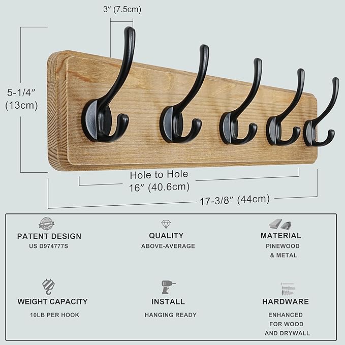 Dseap Wall Mounted Coat Rack: Patented, Heavy-Duty, 17.4