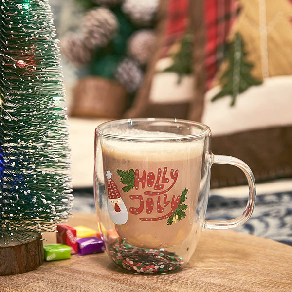 Set of 2 Holly Jolly Christmas Design Tumbler Mugs - Confetti Filled 9.5 oz Decorated Christmas Glass - Perfect for Wine, Eggnog, Cocoa, Holiday Parties & Festivities - 4.25