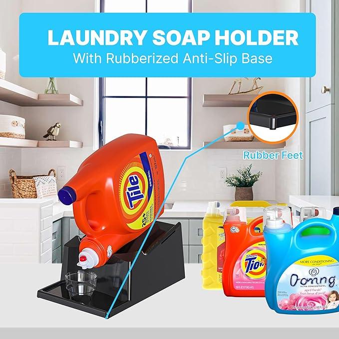 TidyFriend No-Spill Liquid Laundry Detergent Dispenser Holder, Laundry Soap Dispenser Holder with Drip Tray for Laundry Room Organization (No Strap, Black)