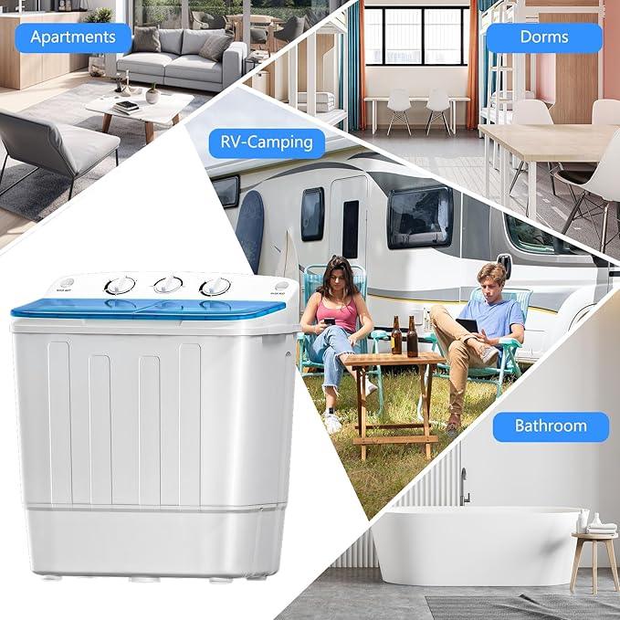 Portable Mini Twin Tub 18lbs Washing Machine With Drying Rack& 10 Hangers, 11lbs Washer & 7lbs Spinner, Small Laundry Washer with Time Control for Camping, Apartments, RV (18lbsBlue)