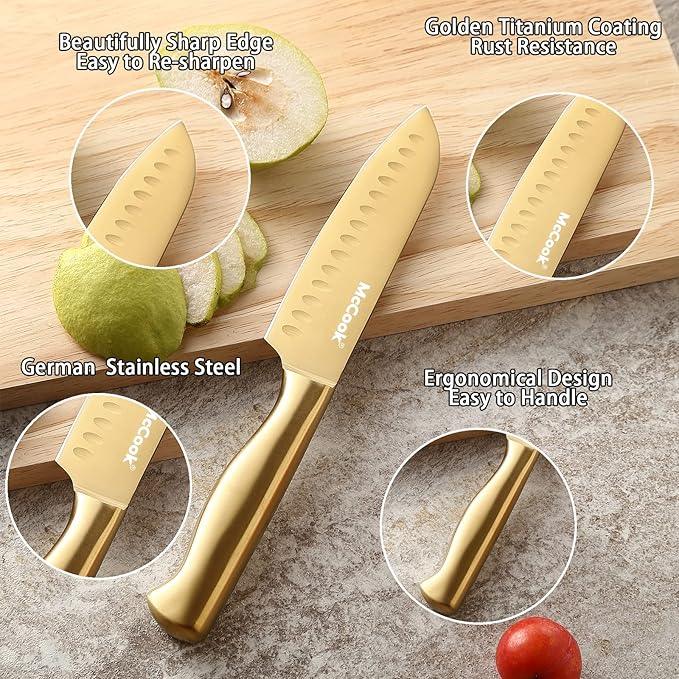 McCook® Kitchen Knife Sets, Golden Titanium Stainless Steel Knives Block Set with Built-in Sharpener
