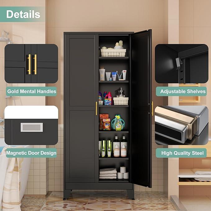 Metal Pantry Cabinet with 2 Doors and 5 Adjustable Shelves, 75