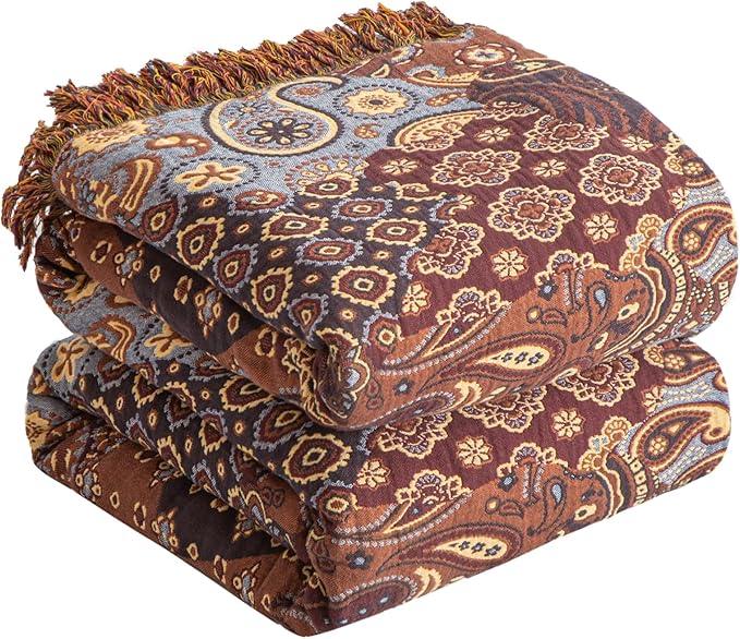 Boho Throw Blanket for Bed 80”x90”, 100% Cotton Woven Blanket for Couch Sofa, Ultra Soft 4-Layer Muslin Quilt with Patchwork Floral Printed, Farmhouse Bed Blanket/Cover for Living Room Decor