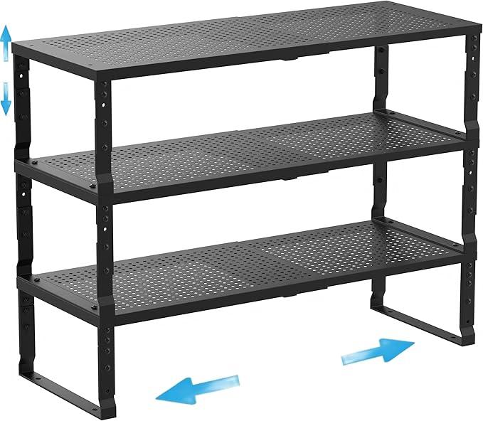 Expandable Spice Rack Kitchen Cabinet Shelf Organizer, Stackable Storage Shelves Racks, Adjustable Counter Shelving for Cabinets, Countertop, Cupboard,Pantry and More(3Packs/Black/Medium)