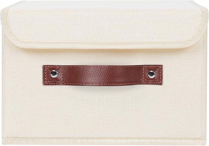 ANMINY 4PCS Storage Bins with Lid PU Leather Handles Storage Boxes PP Plastic Board Decorative Foldable Lidded Cotton Linen Fabric Home Cubes Baskets Closet Organizer Containers - Beige, Small Size
