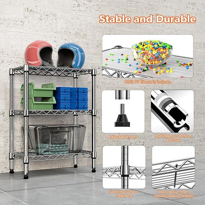 750 lbs 3 Tier Shelf Metal Storage Shelves Wire Rack Closet Organizers with PP Board for Garage Kitchen Bathroom Laundry Chrome 11.8