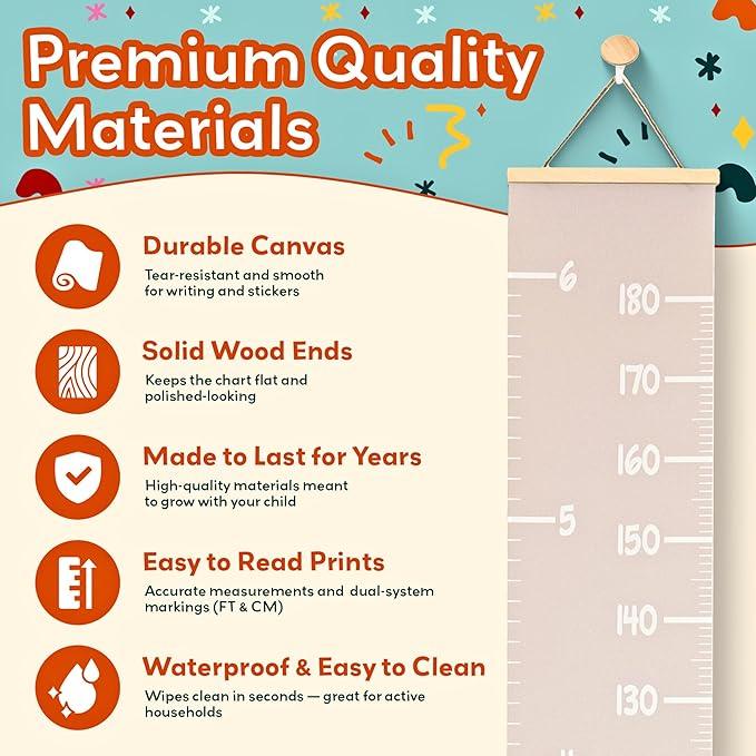 Height Chart for Kids Customizable Kids Height Wall Chart with Stickers, Marker & Hook Hanging Growth Chart Measurement for Wall Easy Installation for Baby Room Nursery and Playroom