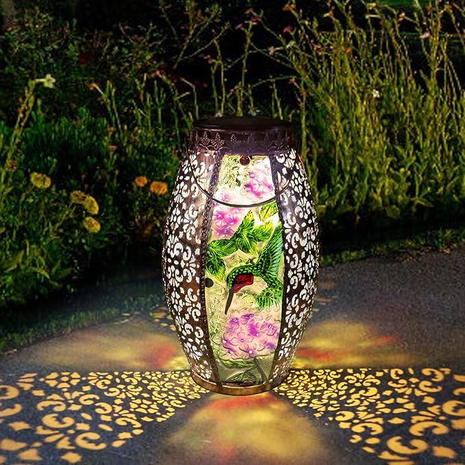 Outdoor Solar Lantern-Waterproof Hummingbird Hanging Metal Decorative Lights for Patio Table Garden Pathway Yard with Super Bright Warm White LED, Large Solar Panels, Auto On/Off