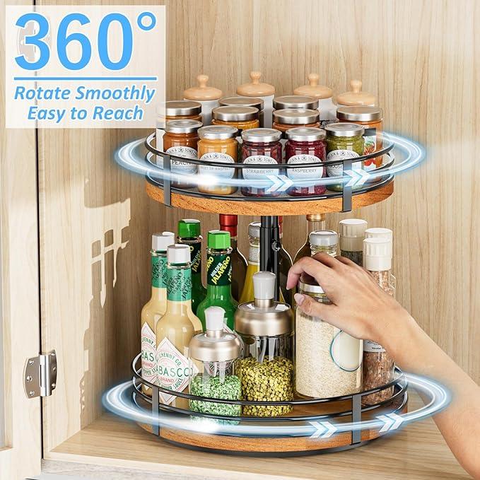 Lazy Susan Turntable Organizer Adjustable - 2 Tier Wood Rotating Spice Rack 12 Inch Lazy Susan for Kitchen Countertop Cabinet Pantry Cupboard Dining Table Bathroom Coffee Bar Home Storage