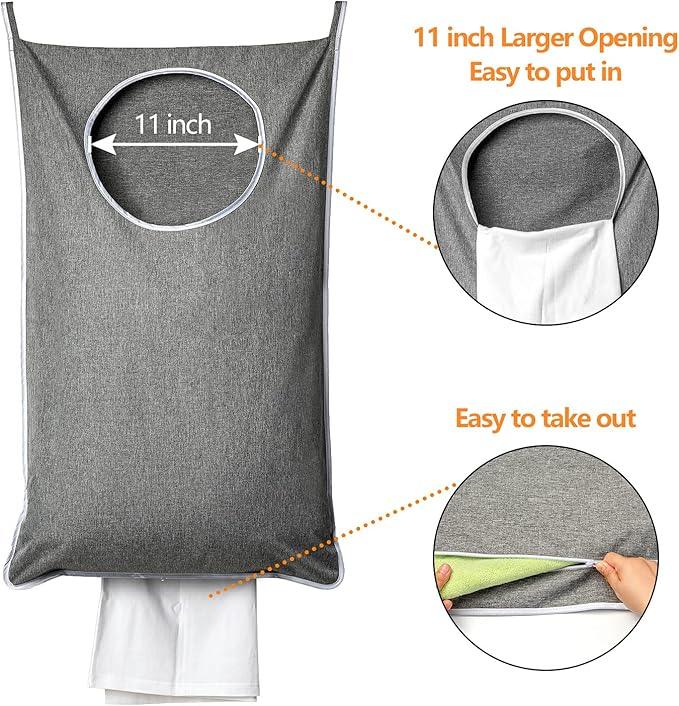XL Hanging Laundry Hamper, Extra Large Tear-resistance Door Hamper with 2 Types Hooks for Dirty Clothes, Save Bathroom Space Hanging Laundry Bag (36.5x 22 Inch,Grey)