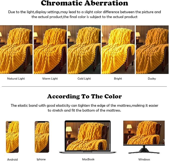 NEWCOSPLAY Faux Fur Throw Blanket Mustard Yellow 3D Ribbed Plush Thick Warm Blanket for Couch Sofa Bed 850GSM (Mustard Yellow Ribbed, Throw(50