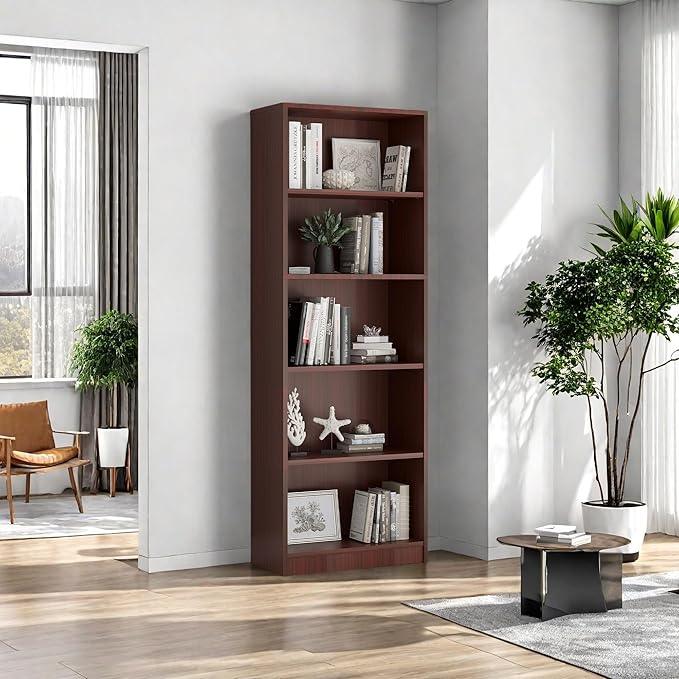 Bookshelf, Open Modern Bookshelf, 5 Shelf Bookcase with Freestanding Display Storage, Wooden Book Shelf for Bedroom, Living Room, Dinning Room, Office,Brown