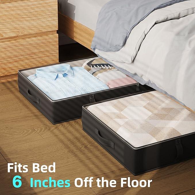 2-Pack Under Bed Storage, 6 Inches Tall Closet Organizers and Storage Bins with Sturdy Sidewalls/Bottom/4 Handles, Black