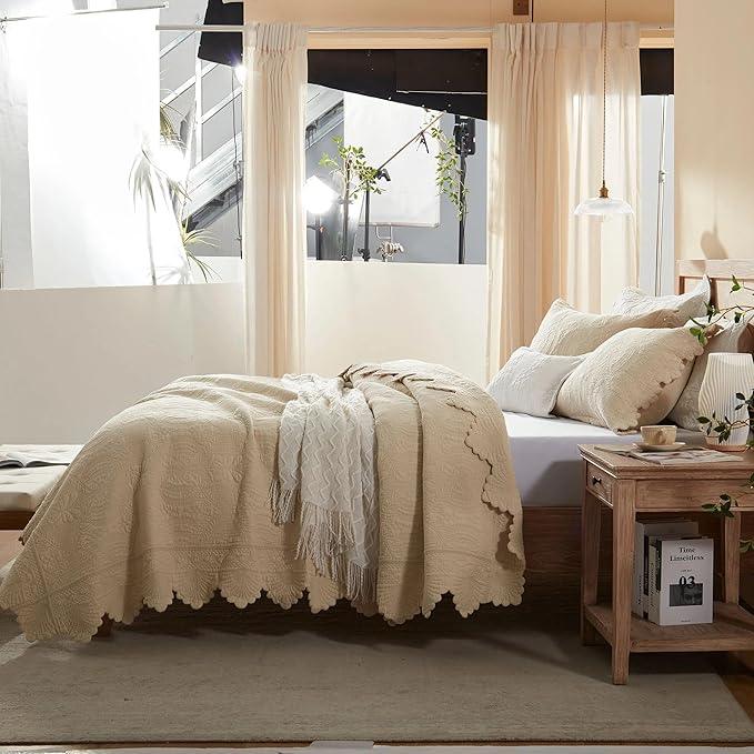 MarCielo 3-Piece 100% Cotton Oversized Bedspread Lightweight Quilt Coverlet Embroidery Farmhouse Bedding Set(TL Beige,Oversized Queen (100