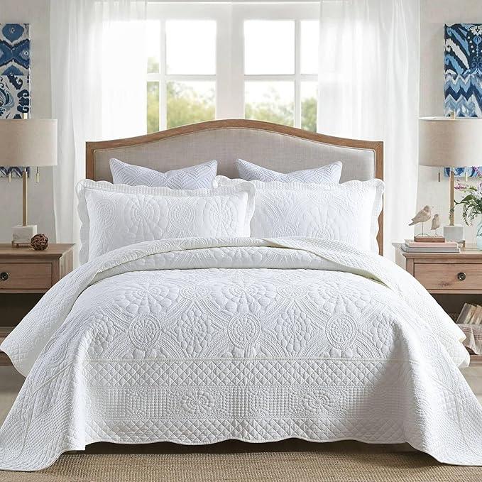 MarCielo 3-Piece 100% Cotton Oversized Bedspread Lightweight Quilt Coverlet Embroidery Farmhouse Bedding (Tf Bright White, Oversized King (118