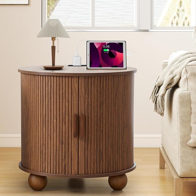 Farmhouse Round End Table with Charging Station, 24