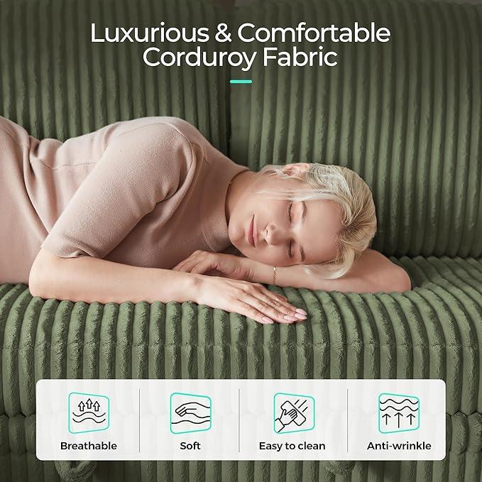 LINSY HOME Sectional Sleeper Sofa with Pull Out Couch Bed - Convertible Plush Corduroy Cloud Couch with Storage Chaise & USB Charging, Comfy U Shaped Modular Couches for Living Room, Green