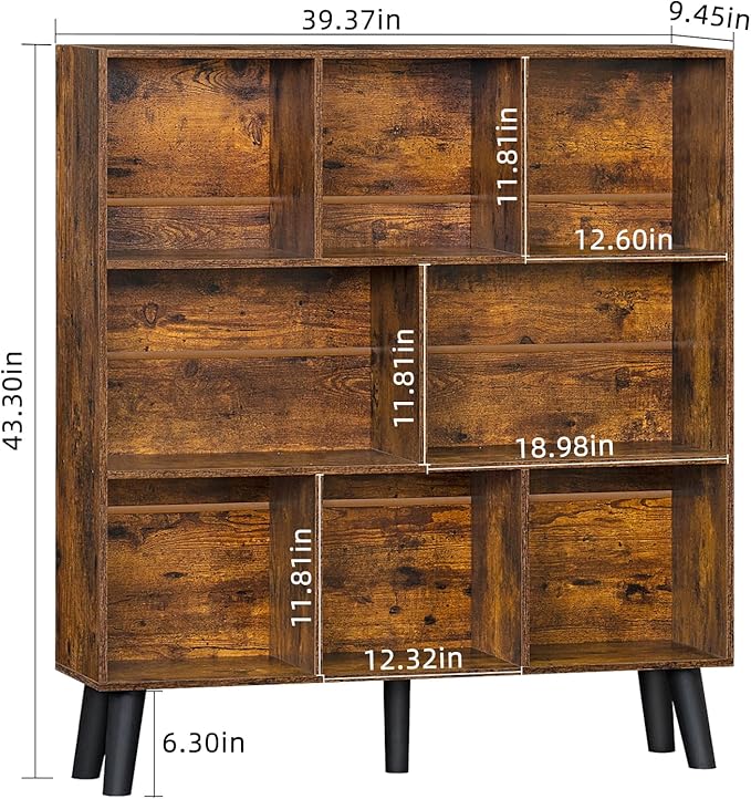 LEYAOYAO 8 Cube Bookshelf,3 Tier Bookcase with Legs,Rustic Brown Mid-Century Modern Bookshelves,Large Open Storage Organizer Shelf, Wooden Book Case