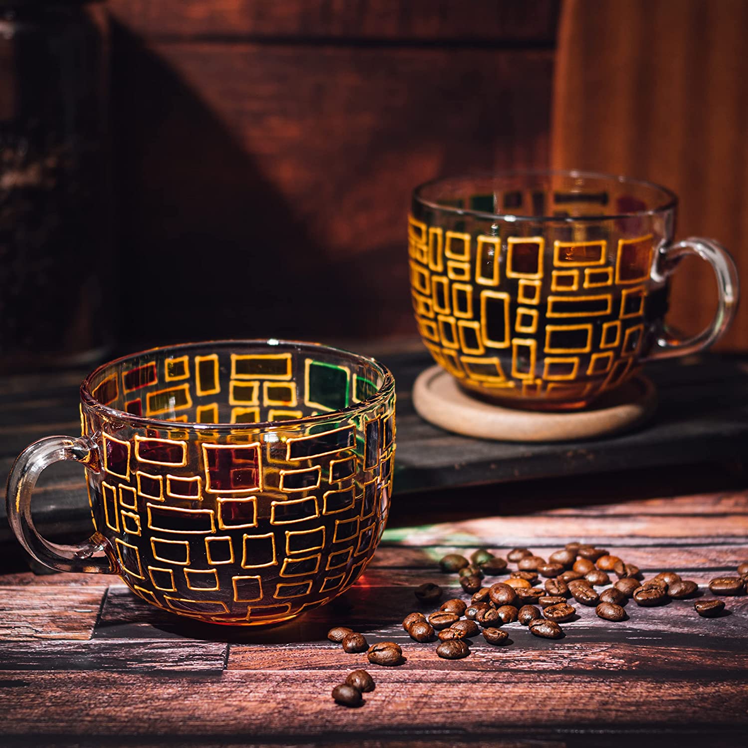 The Wine Savant Renaissance Stained Glass Windows Mugs, Artisanal Hand Painted Set of 2 - Gift Idea for Her, Him, Birthday, Mom, Housewarming - Art Deco Coffee and Tea Set 3.5