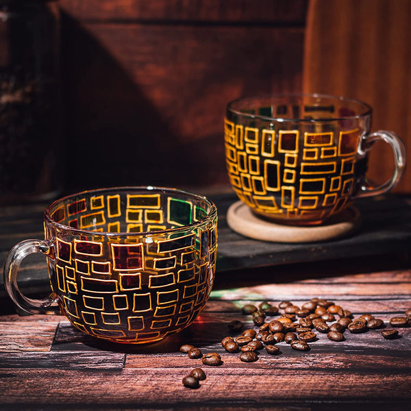The Wine Savant Renaissance Stained Glass Windows Mugs, Artisanal Hand Painted Set of 2 - Gift Idea for Her, Him, Birthday, Mom, Housewarming - Art Deco Coffee and Tea Set 3.5