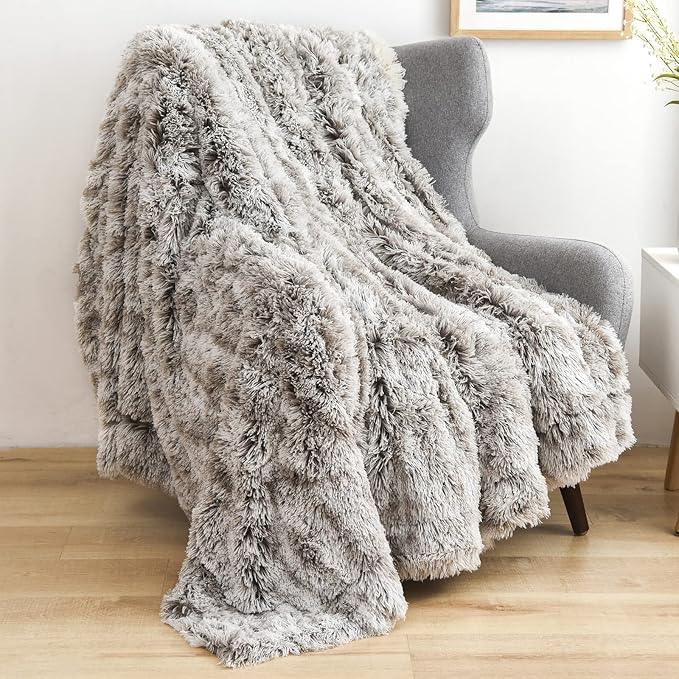 GONAAP Fuzzy Faux Fur Throw Blanket Frosty Grey Super Soft Cozy Plush Fuzzy Shaggy Blanket for Couch Sofa Bed (Frosty Grey, Throw(50
