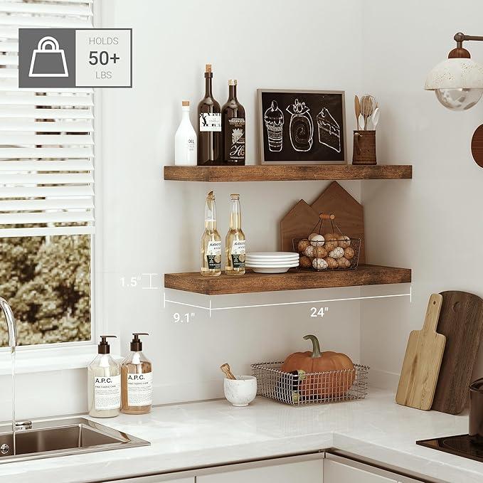 Floating Shelves for Wall 24 inchs Long, 9.1” Deep x 1.5” Thick Wall Shelves for Bedroom, Living Room, Bathroom，Kitchen, Office, Rustic Farmhouse Shelf Decor with Invisible Bracket, Set of 2