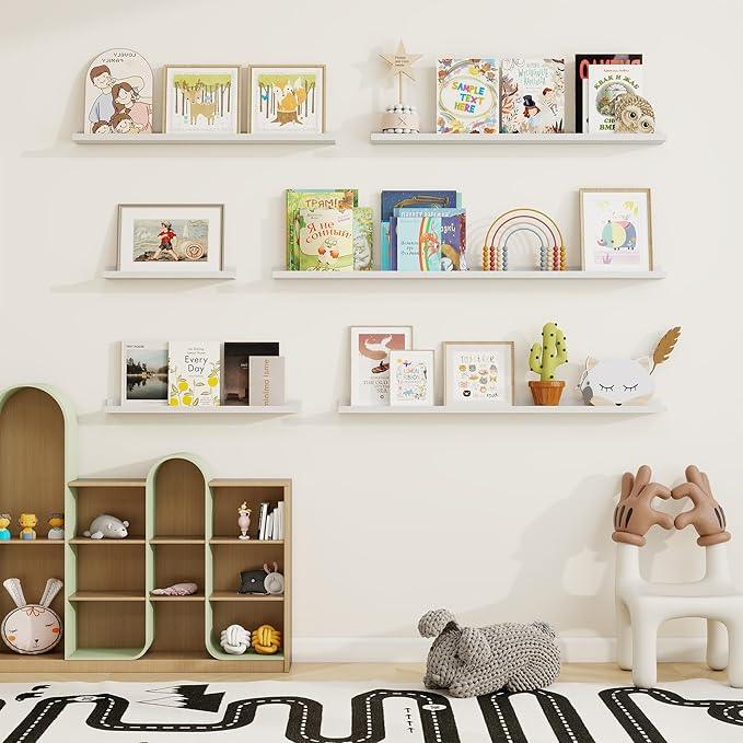 Picture Ledge Shelf, Solid Pine Wood Floating Shelves Set of 2, 40 Inches Nursery Book Shelves for Toys Storage, Kids Bookshelf Wall Mounted for Living Room Bedroom Decor Books Photo Frames, White