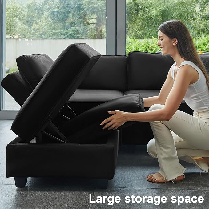 Belffin Modular Sectional Sofa with Double Chaise Velvet U Shaped Sofa Reversible Sectional Couch with Storage Black