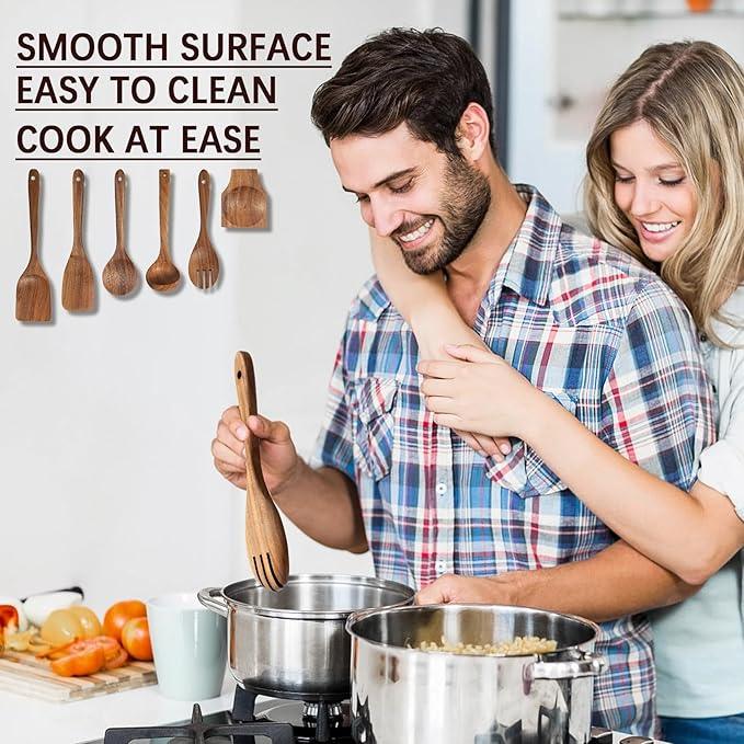 Wooden Spoons for Cooking, Nonstick Cooking Utensil Set with 5 Piece Acacia Wooden Spatulas and Spoons, as well as a Extra Whole Wood Spoon Rest, Terrific for Everyday Kitchen Tasks